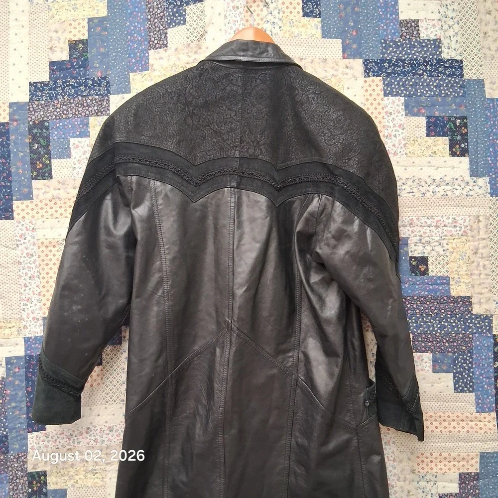 Vintage 90s Winlit Womens Leather Coat Size Medium Black Trench Duster Paisley